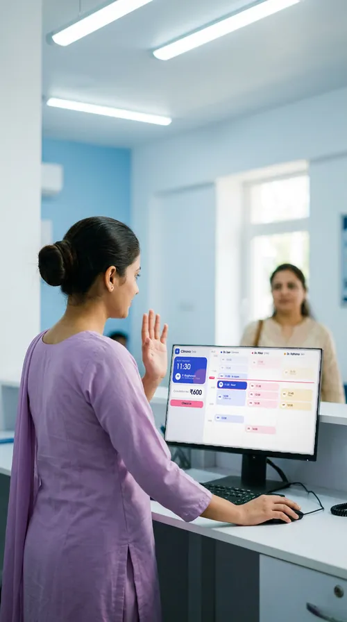A clinic receptionist in Chennai checks a desktop calendar as a patient arrives.