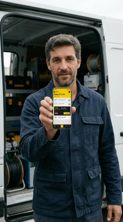 An electrician in Dublin shows his next job on a scheduling app beside his van.