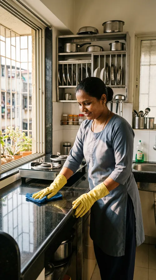 A home-cleaning professional finishes a sunlit Mumbai kitchen.