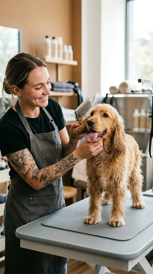 A groomer in Amsterdam brushes a happy spaniel on the grooming table.