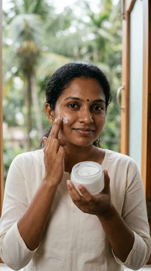 A woman in Kochi dabs cream from a skincare jar onto her cheek and looks into the camera.