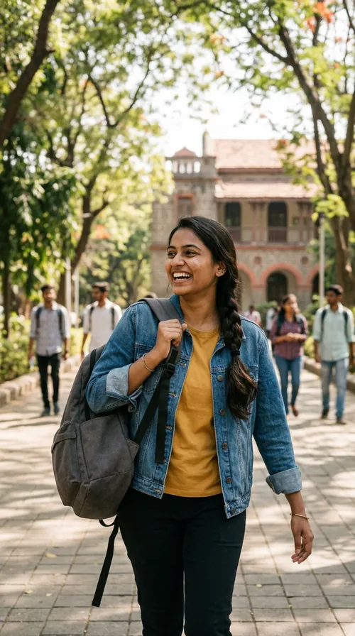 A student in Pune swings a canvas backpack onto one shoulder.