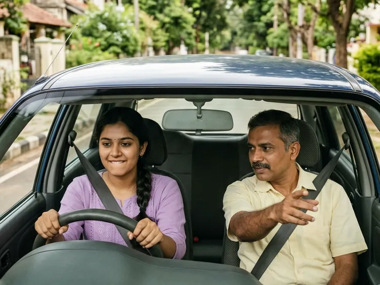 A driving instructor in Mysuru guides a learner at the wheel.