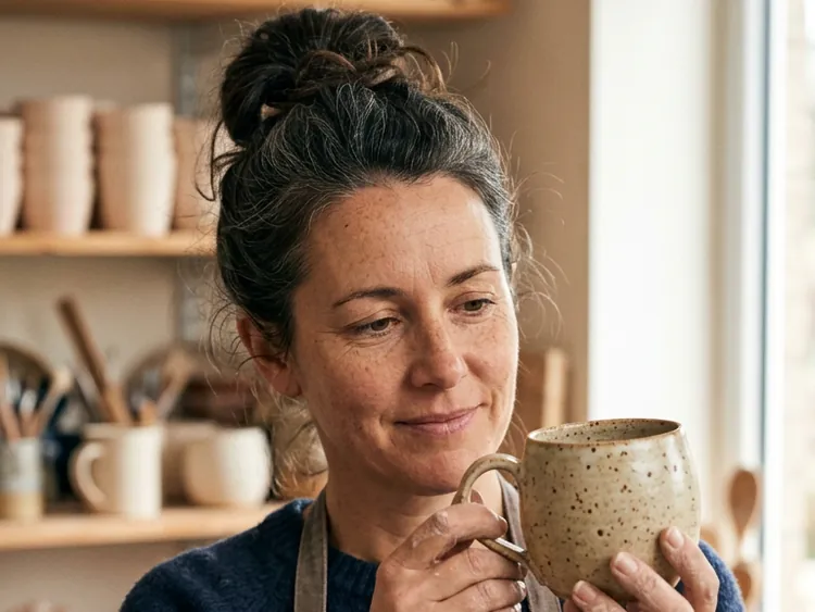 A potter in Lisbon holds up a finished glazed ceramic mug.